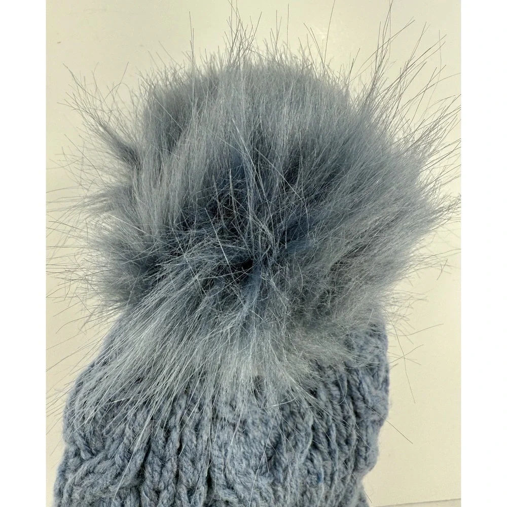 Time and Tru‎ Cable Knit Beanie Winter Hat Faux Fur Pom Blue One Size New